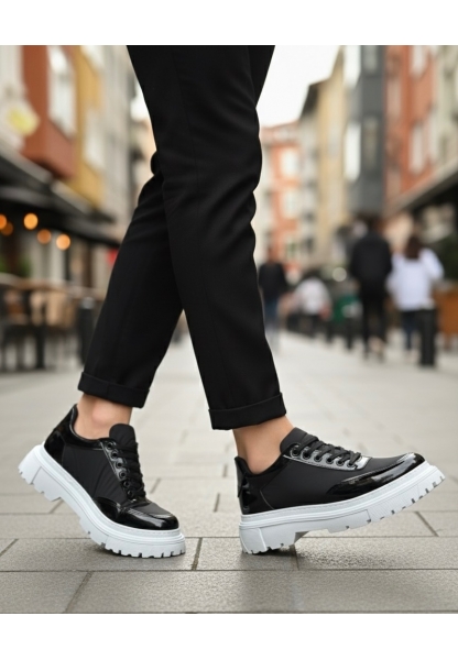 MirgeShoes Siyah Bağcıklı Rugan Erkek Ayakkabı Paraşüt Detaylı Yüksek BYZ Taban MRG010602561