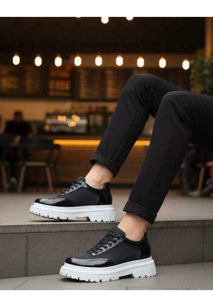 MirgeShoes Siyah Bağcıklı Rugan Erkek Ayakkabı Paraşüt Detaylı Yüksek BYZ Taban MRG010602561