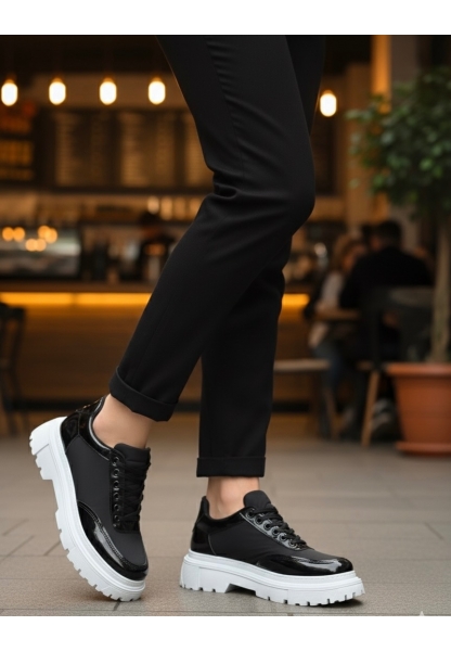 MirgeShoes Siyah Bağcıklı Rugan Erkek Ayakkabı Paraşüt Detaylı Yüksek BYZ Taban MRG010602561