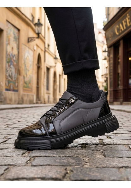 MirgeShoes Gri Akıllı Lastik Bağcık Erkek Rugan Günlük Ayakkabı Paraşüt Detaylı Yüksek SYH Taban MRG010602563