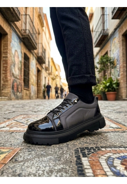 MirgeShoes Gri Akıllı Lastik Bağcık Erkek Rugan Günlük Ayakkabı Paraşüt Detaylı Yüksek SYH Taban MRG010602563