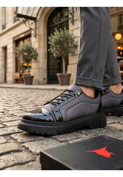 MirgeShoes Gri Akıllı Lastik Bağcık Erkek Rugan Günlük Ayakkabı Paraşüt Detaylı Yüksek SYH Taban MRG010602563