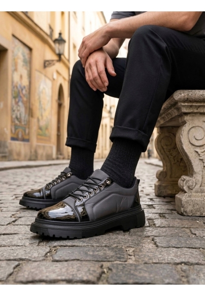 MirgeShoes Gri Akıllı Lastik Bağcık Erkek Rugan Günlük Ayakkabı Paraşüt Detaylı Yüksek SYH Taban MRG010602563