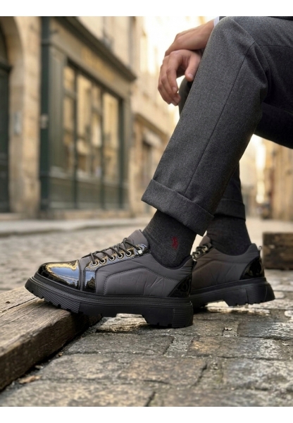 MirgeShoes Gri Akıllı Lastik Bağcık Erkek Rugan Günlük Ayakkabı Paraşüt Detaylı Yüksek SYH Taban MRG010602563