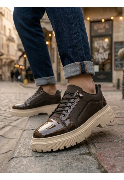 MRG0245 Kahverengi Rugan Paraşüt Detaylı Akıllı Lastik Bağcık Yüksek Bej Taban Günlük Erkek Ayakkabı