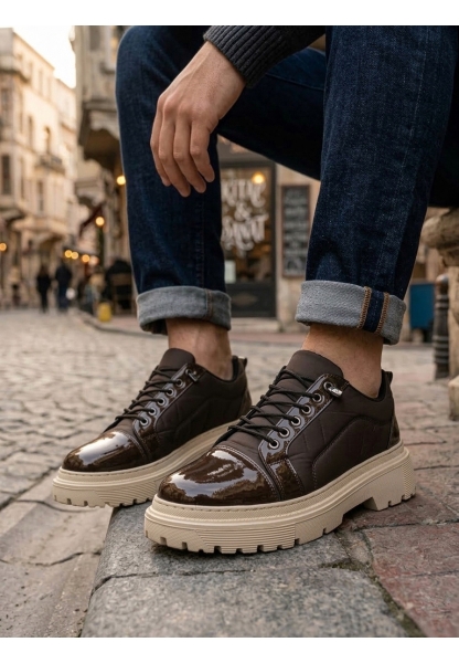 MRG0245 Kahverengi Rugan Paraşüt Detaylı Akıllı Lastik Bağcık Yüksek Bej Taban Günlük Erkek Ayakkabı