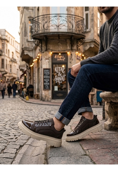 MRG0245 Kahverengi Rugan Paraşüt Detaylı Akıllı Lastik Bağcık Yüksek Bej Taban Günlük Erkek Ayakkabı