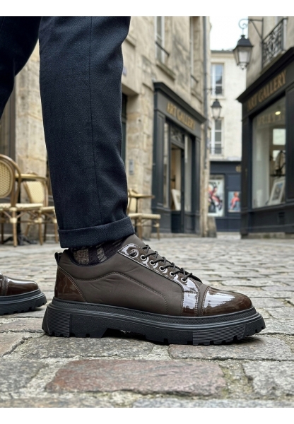 MirgeShoes Kahve Akıllı Lastik Bağcık Erkek Rugan Günlük Ayakkabı Paraşüt Detaylı Yüksek SYH Taban MRG010602563