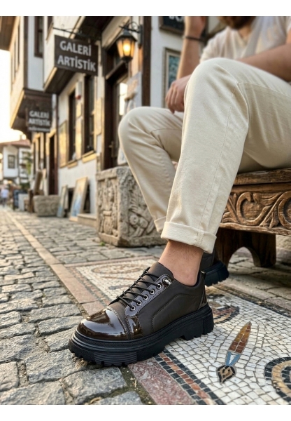 MirgeShoes Kahve Akıllı Lastik Bağcık Erkek Rugan Günlük Ayakkabı Paraşüt Detaylı Yüksek SYH Taban MRG010602563