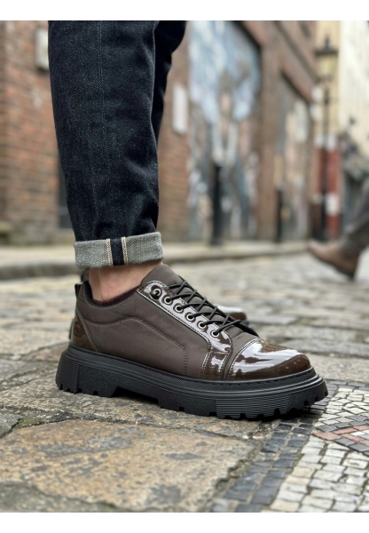 MirgeShoes Kahve Akıllı Lastik Bağcık Erkek Rugan Günlük Ayakkabı Paraşüt Detaylı Yüksek SYH Taban MRG010602563