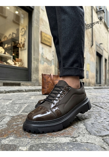 MirgeShoes Kahve Akıllı Lastik Bağcık Erkek Rugan Günlük Ayakkabı Paraşüt Detaylı Yüksek SYH Taban MRG010602563