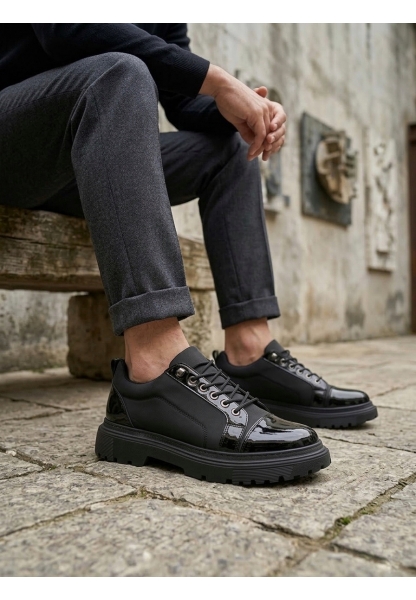 MirgeShoes Siyah Akıllı Lastik Bağcık Erkek Rugan Günlük Ayakkabı Paraşüt Detaylı Yüksek SYH Taban MRG010602563