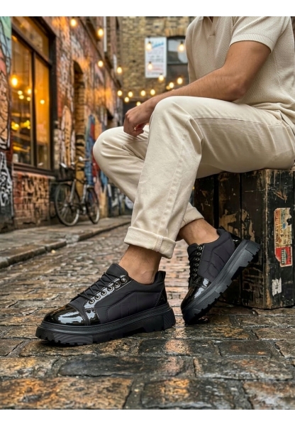 MirgeShoes Siyah Akıllı Lastik Bağcık Erkek Rugan Günlük Ayakkabı Paraşüt Detaylı Yüksek SYH Taban MRG010602563