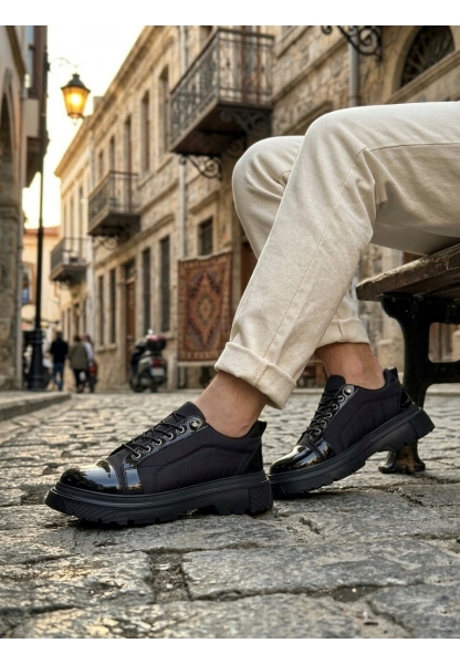 MirgeShoes Siyah Akıllı Lastik Bağcık Erkek Rugan Günlük Ayakkabı Paraşüt Detaylı Yüksek SYH Taban MRG010602563