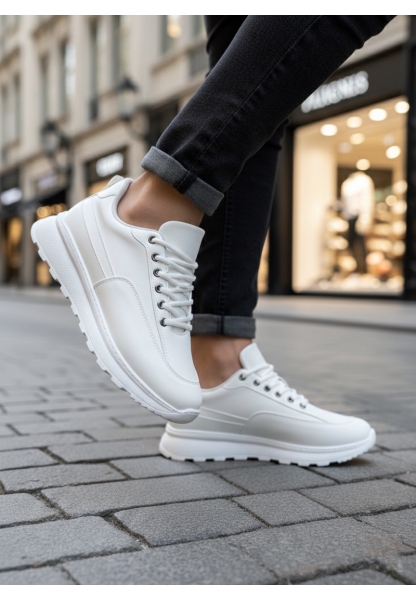 MirgeShoes Beyaz Bağcıklı Erkek Günlük Spor Ayakkabı Tırtıklı Yüksek BYZ Taban MRG010602564