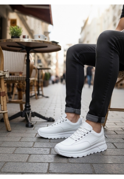 MirgeShoes Beyaz Bağcıklı Erkek Günlük Spor Ayakkabı Tırtıklı Yüksek BYZ Taban MRG010602564