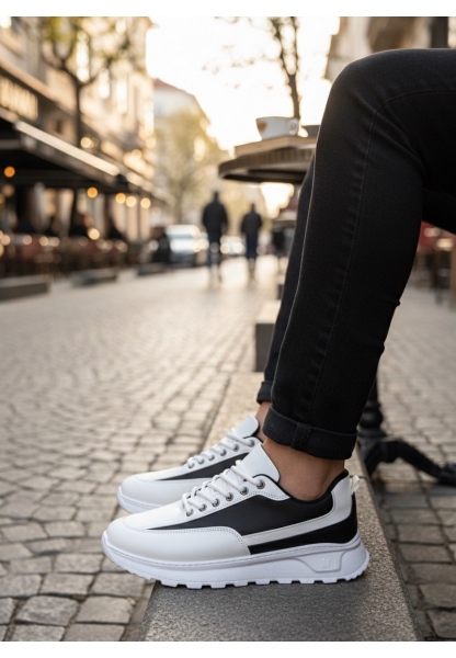 MirgeShoes Beyaz-Siyah Bağcıklı Erkek Günlük Spor Ayakkabı Tırtıklı Yüksek BYZ Taban MRG010602564