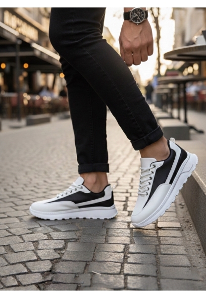 MirgeShoes Beyaz-Siyah Bağcıklı Erkek Günlük Spor Ayakkabı Tırtıklı Yüksek BYZ Taban MRG010602564