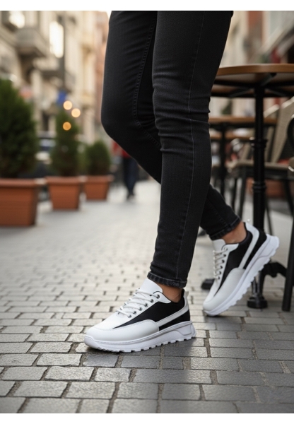 MirgeShoes Beyaz-Siyah Bağcıklı Erkek Günlük Spor Ayakkabı Tırtıklı Yüksek BYZ Taban MRG010602564