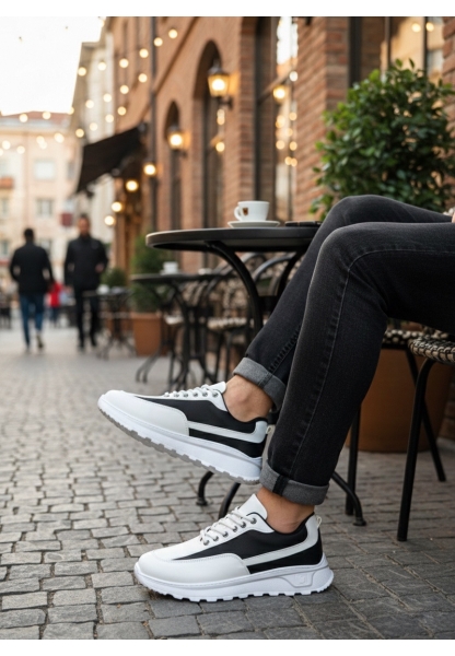 MirgeShoes Beyaz-Siyah Bağcıklı Erkek Günlük Spor Ayakkabı Tırtıklı Yüksek BYZ Taban MRG010602564