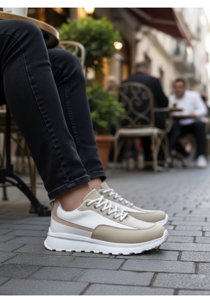MirgeShoes Beyaz-Krem Bağcıklı Erkek Günlük Spor Ayakkabı Tırtıklı Yüksek BYZ Taban MRG010602564