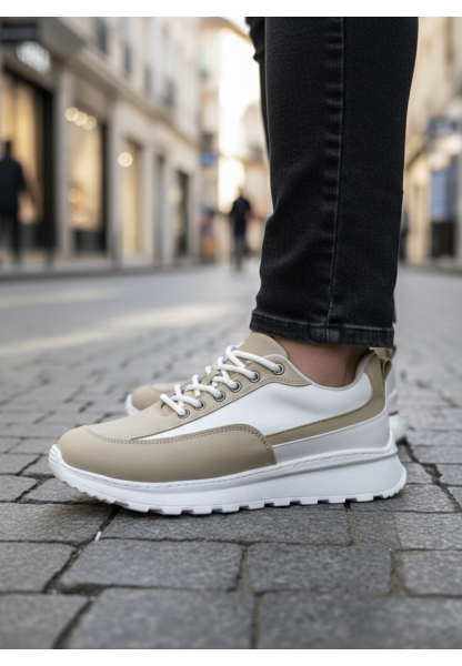 MirgeShoes Beyaz-Krem Bağcıklı Erkek Günlük Spor Ayakkabı Tırtıklı Yüksek BYZ Taban MRG010602564