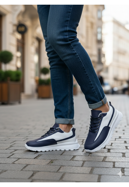 MirgeShoes Lacivert-Beyaz Bağcıklı Erkek Günlük Spor Ayakkabı Tırtıklı Yüksek BYZ Taban MRG010602564