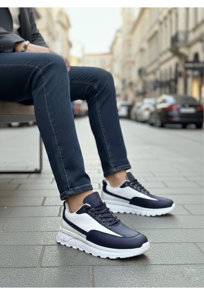 MirgeShoes Lacivert-Beyaz Bağcıklı Erkek Günlük Spor Ayakkabı Tırtıklı Yüksek BYZ Taban MRG010602564