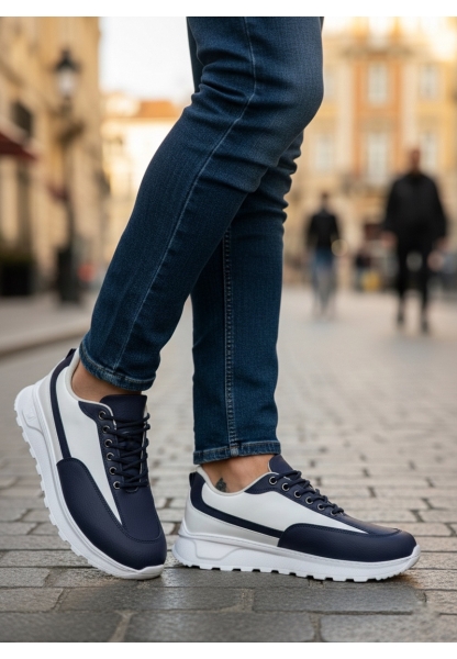 MirgeShoes Lacivert-Beyaz Bağcıklı Erkek Günlük Spor Ayakkabı Tırtıklı Yüksek BYZ Taban MRG010602564