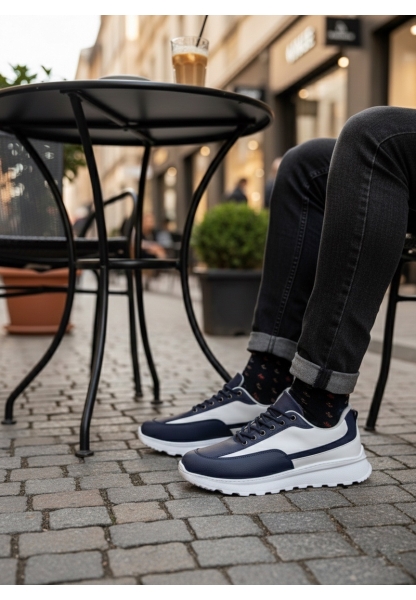 MirgeShoes Lacivert-Beyaz Bağcıklı Erkek Günlük Spor Ayakkabı Tırtıklı Yüksek BYZ Taban MRG010602564
