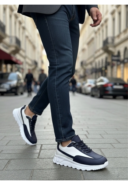 MirgeShoes Lacivert-Beyaz Bağcıklı Erkek Günlük Spor Ayakkabı Tırtıklı Yüksek BYZ Taban MRG010602564