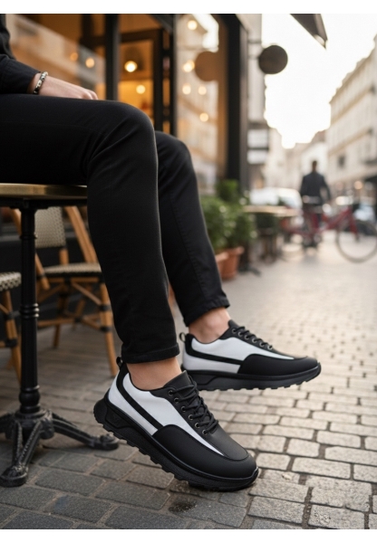 MirgeShoes Siyah-Beyaz Bağcıklı Erkek Günlük Spor Ayakkabı Tırtıklı Yüksek SYH Taban MRG010602564