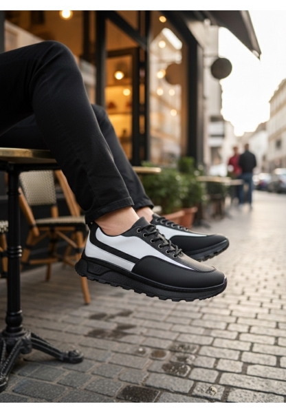 MirgeShoes Siyah-Beyaz Bağcıklı Erkek Günlük Spor Ayakkabı Tırtıklı Yüksek SYH Taban MRG010602564