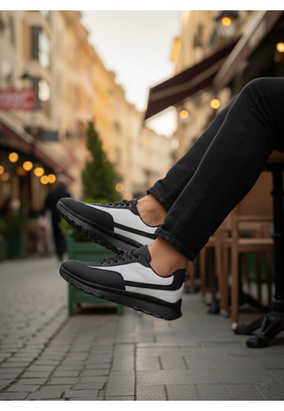 MirgeShoes Siyah-Beyaz Bağcıklı Erkek Günlük Spor Ayakkabı Tırtıklı Yüksek SYH Taban MRG010602564