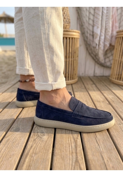 MRG0251 %100 İçi Dışı Hakiki Deri Erkek Lacivert Süet Casual Loafer Kauçuk Rahat Taban Dikişli Ayakkabı