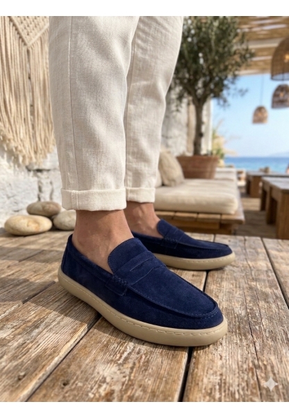 MRG0251 %100 İçi Dışı Hakiki Deri Erkek Lacivert Süet Casual Loafer Kauçuk Rahat Taban Dikişli Ayakkabı