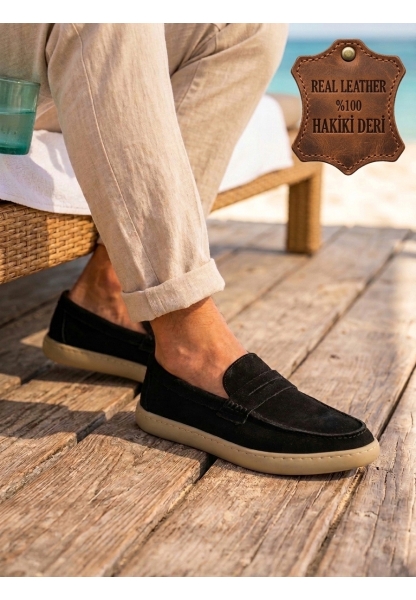 MRG0251 %100 İçi Dışı Hakiki Deri Erkek Siyah Süet Casual Loafer Kauçuk Rahat Taban Dikişli Ayakkabı