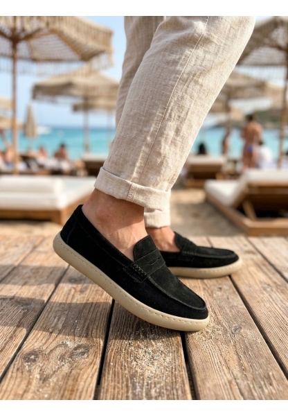 MRG0251 %100 İçi Dışı Hakiki Deri Erkek Siyah Süet Casual Loafer Kauçuk Rahat Taban Dikişli Ayakkabı