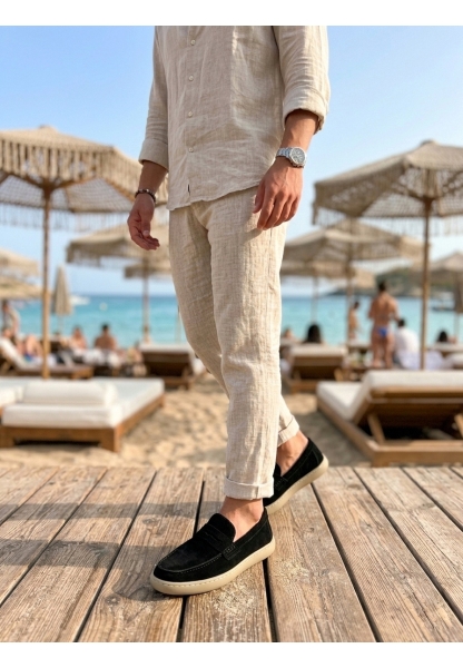 MRG0251 %100 İçi Dışı Hakiki Deri Erkek Siyah Süet Casual Loafer Kauçuk Rahat Taban Dikişli Ayakkabı