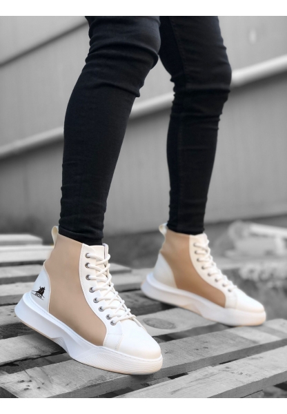 MirgeShoes Beyaz-Krem Bağcıklı Erkek Spor Bot Vinnex Yüksek Kalın BYZ Taban MRG010602574
