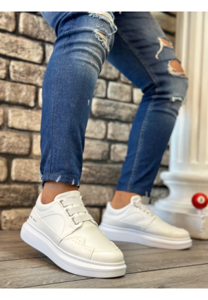 MirgeShoes Beyaz Bağcıksız Erkek Casual Ayakkabı Kemerli Kalın Yüksek BYZ Taban MRG010602620