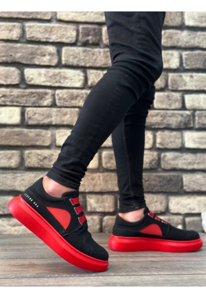 MirgeShoes Siyah Bağcıksız Erkek Casual Ayakkabı Kemerli Kalın Yüksek KRMZ Taban MRG010602620