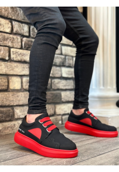 MirgeShoes Siyah Bağcıksız Erkek Casual Ayakkabı Kemerli Kalın Yüksek KRMZ Taban MRG010602620