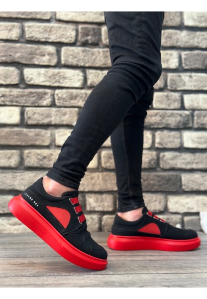 MirgeShoes Siyah Bağcıksız Erkek Casual Ayakkabı Kemerli Kalın Yüksek KRMZ Taban MRG010602620