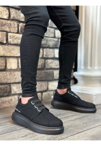 MirgeShoes Siyah Bağcıksız Erkek Casual Ayakkabı Kemerli Kalın Yüksek SYH Taban MRG010602620