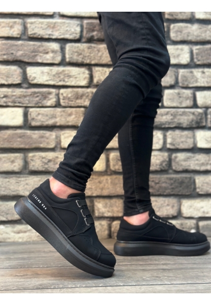 MirgeShoes Siyah Bağcıksız Erkek Casual Ayakkabı Kemerli Kalın Yüksek SYH Taban MRG010602620