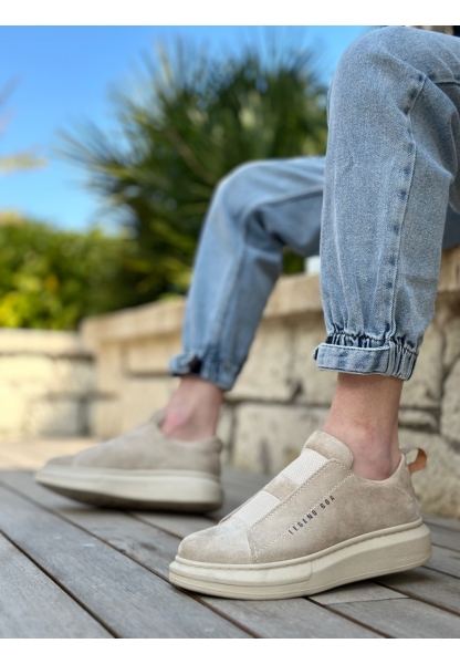 MirgeShoes Bej Çift Bantlı Erkek Tarz Ayakkabı Süet Kalın Yüksek BEJ Taban MRG010602625