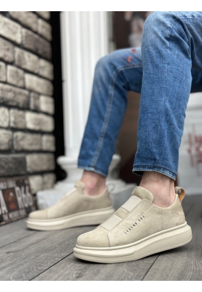 MirgeShoes Bej Çift Bantlı Erkek Tarz Ayakkabı Süet Kalın Yüksek BEJ Taban MRG010602625