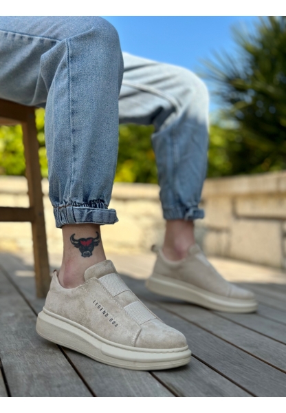 MirgeShoes Bej Çift Bantlı Erkek Tarz Ayakkabı Süet Kalın Yüksek BEJ Taban MRG010602625