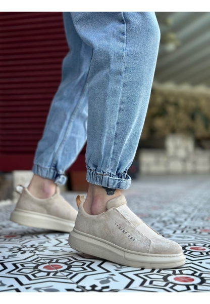 MirgeShoes Bej Çift Bantlı Erkek Tarz Ayakkabı Süet Kalın Yüksek BEJ Taban MRG010602625